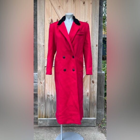 Vintage Alorna Long Red Wool Black Velvet Collar Double Breasted Maxi Coat~M~ - Picture 1 of 8